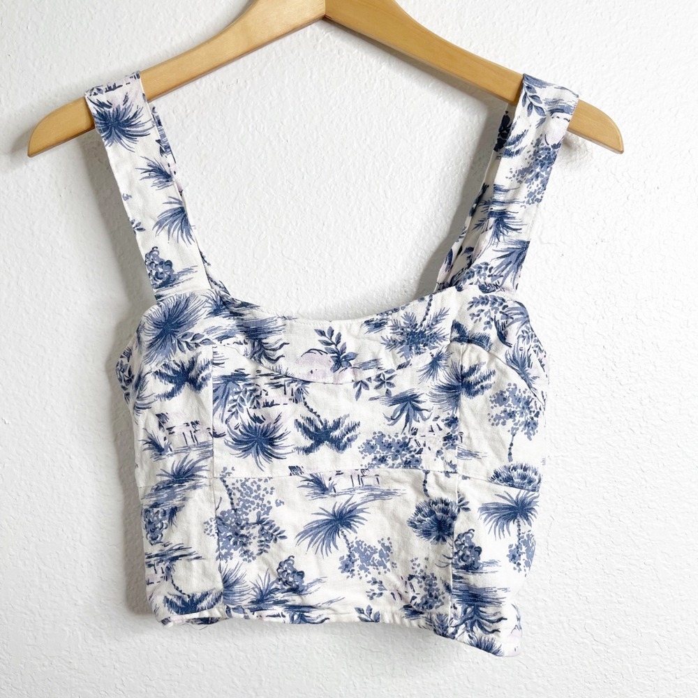 Abercrombie & Fitch Women Blue White Tropical Toile Linen Blend Smocked Crop Top
